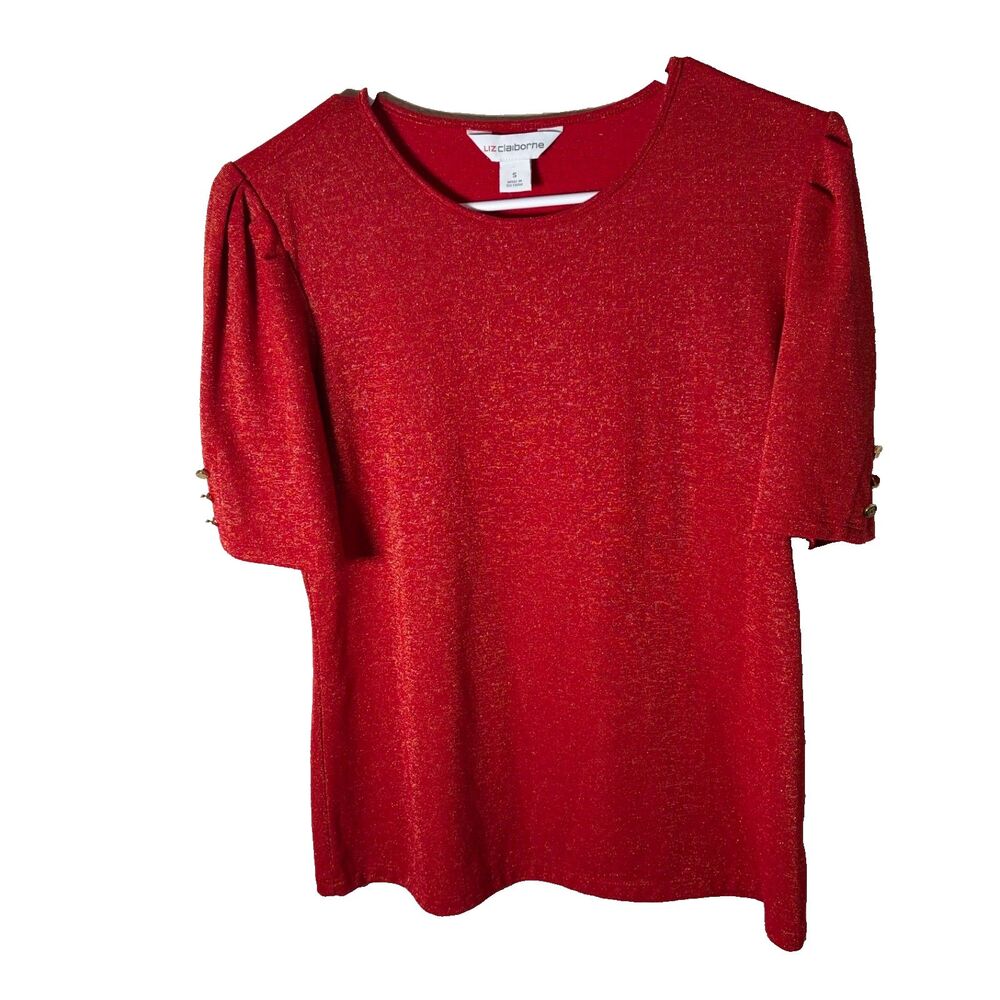 Liz Claiborne Blouse Women's Small Red Short Sleeve Metallic Career Shirt Top